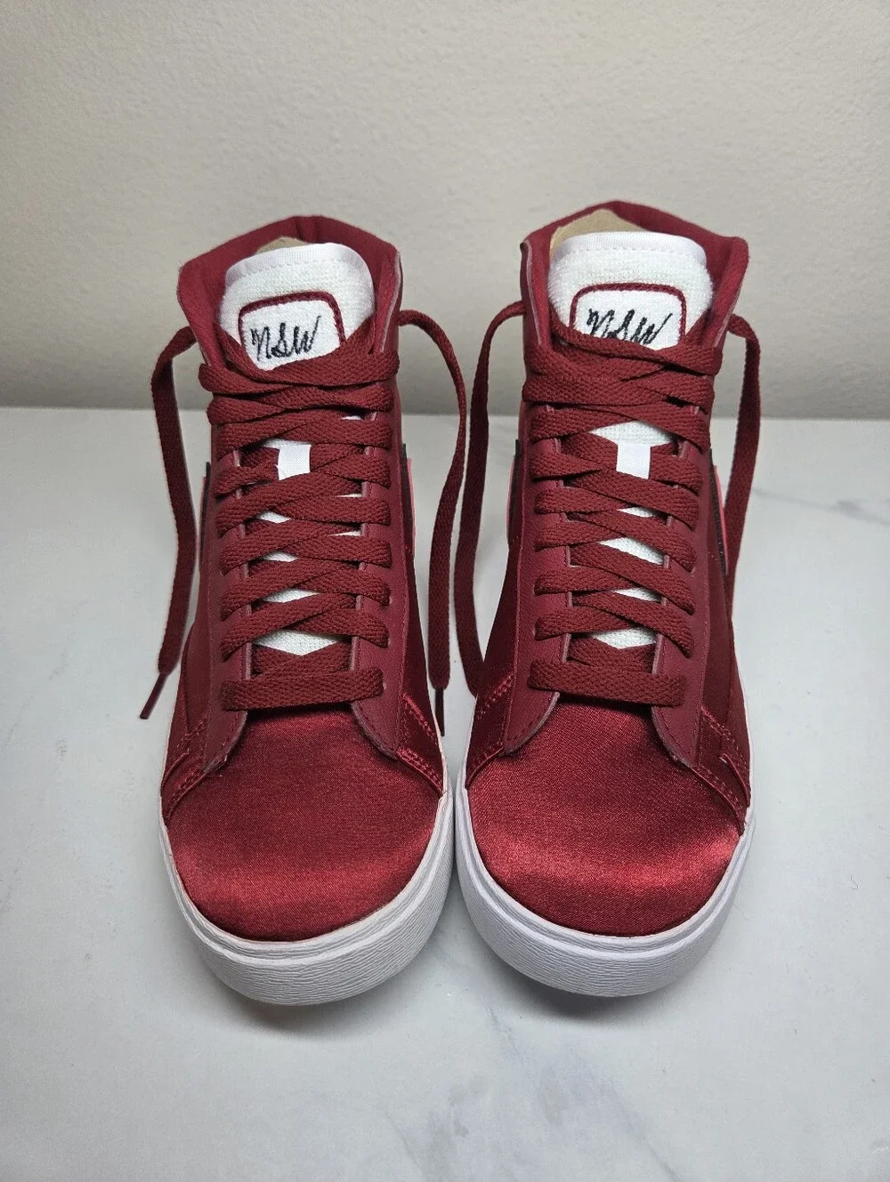 Nike Blazer Mid Premium Satin Red Crush High Top Sneakers NSW Script NWOB